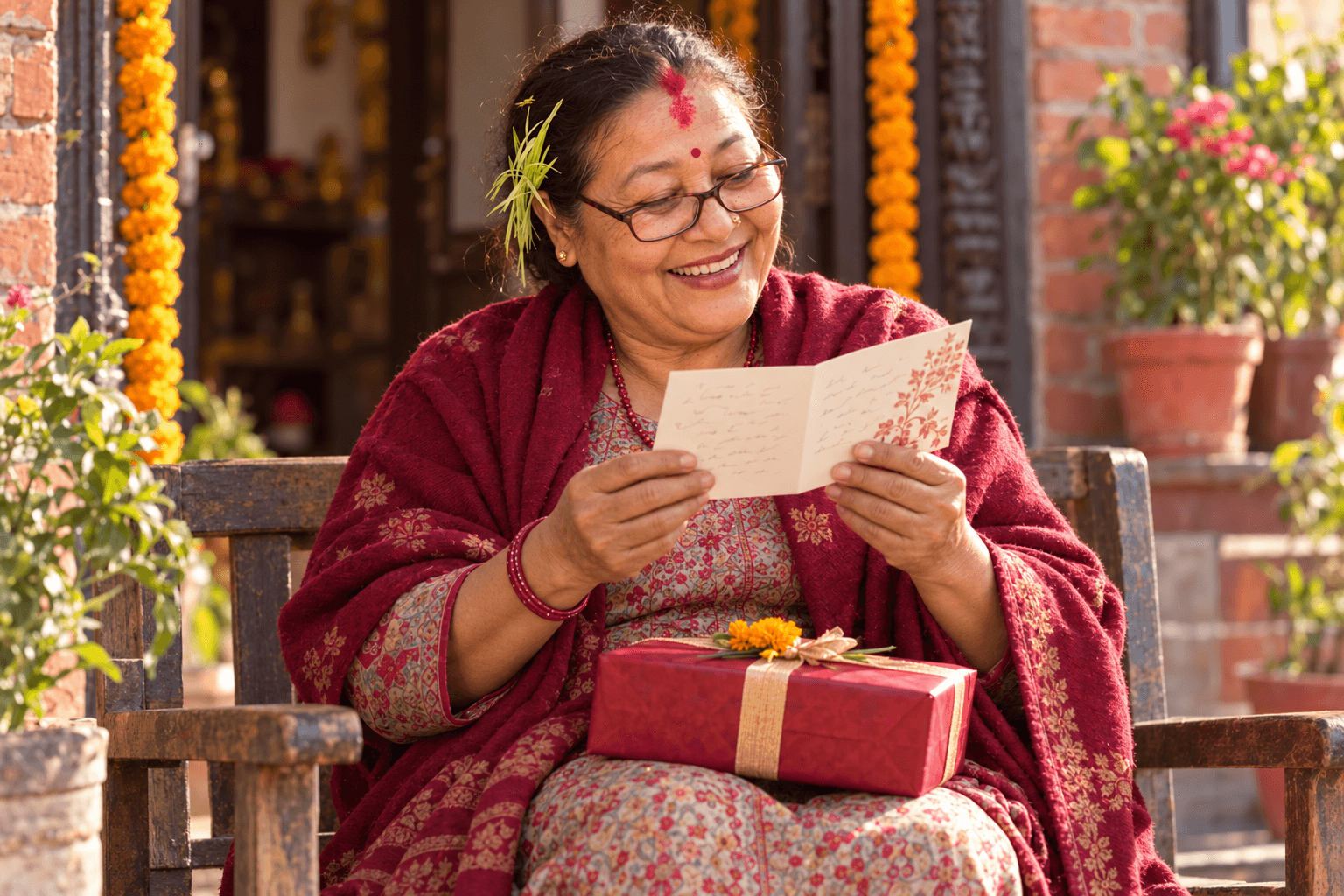 A mother in glasses and tika, smiling as she reads a hand-written card, a wrapped gift on her lap