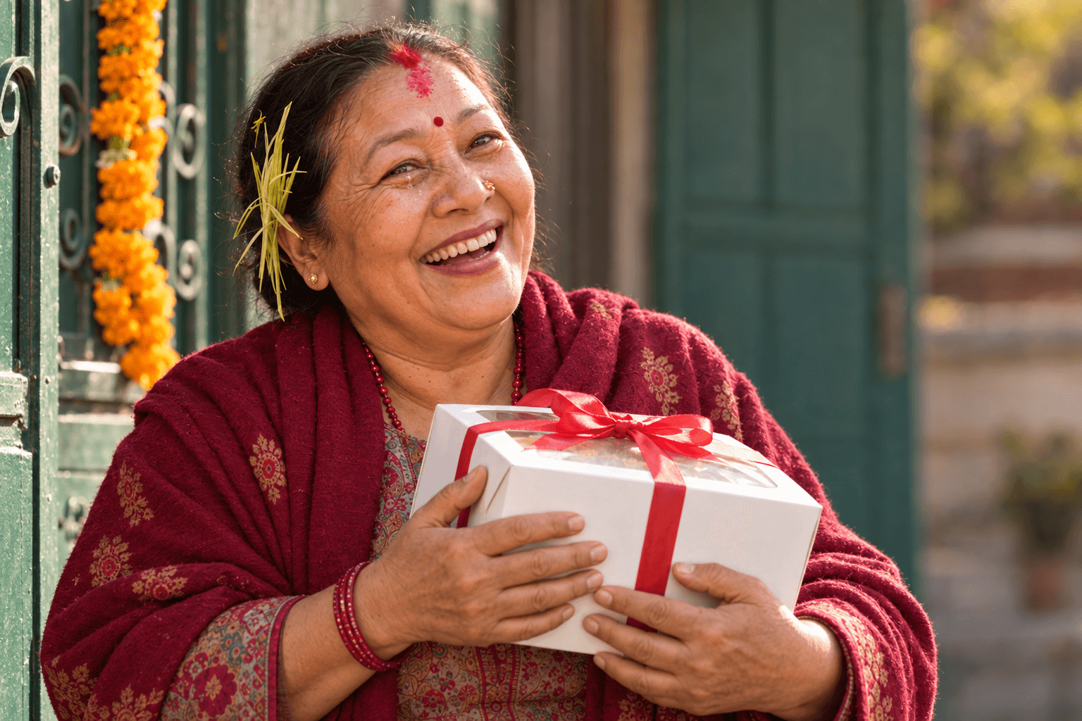Aama laughing at her door, holding a gift box tied with red ribbon