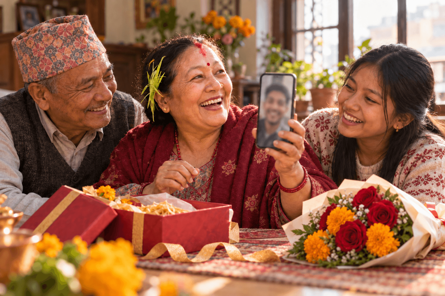 A mother, father and daughter laughing on a video call with their son abroad, an opened gift box and roses on the table