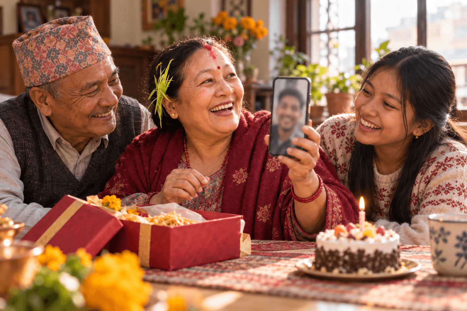 A mother, father and daughter laughing on a video call with their son abroad, the gift and a lit cake on the table